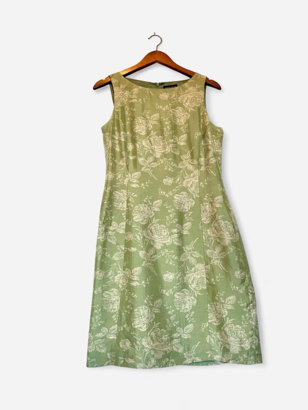 90s Anna Taylor Silk Sleeveless Green Floral Sheath Midi Dress